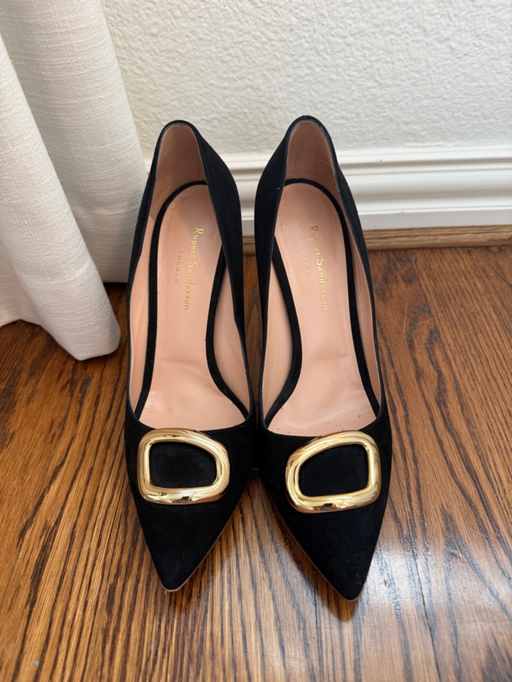 Rupert Sanderson Black Suede Pointed Toe Pumps with Gold Buckle Size 42